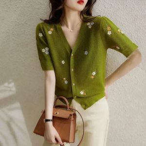 Cardigans verão novo solto plus size cardigan com decote em v fino bordado floral malha topo verde pequeno fresco casual moda manga curta topo