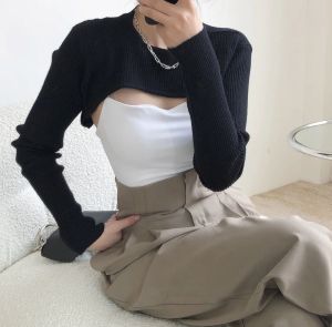 Strickjacken, asymmetrische Strick-Crop-Tops, Pullover, Bolero-Achselzucken, Damen-Tops mit ausgeschnittenen, einteiligen Ärmeln