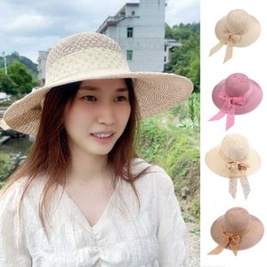 Wide Brim Hats Bucket Hats Fashionable Foldable Wide Brim Sun Hat Girls Woven Straw Hat Ribbon Bow Beach Hat Outdoor Sun Protection Hat J240305