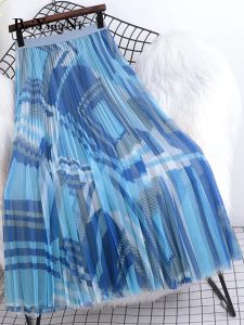Beiyingni Damen-Mesh-Faltenrock, bedruckt, Vintage-Stil, lässig, koreanischer Tüll, Midi-Röcke für Damen, schicke Streetwear-Mode, Faldas