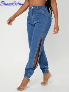 Denimcolab 2023 mode sida av benen split kvinnor jeans lösa harem byxor damer binder fötter streetwear casual denim 240229