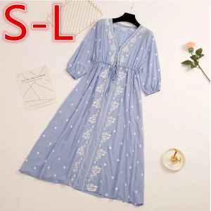 Dress Embroidery Vintage Beach Midi Dress 2022 Ladies Cotton Slim Casual Tunics Kaftan Beach Dress gravida Summer Boho Dress