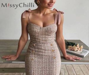 Missychilli tweed ofis giymek pembe elbise zarif düğmeler bodycon yaz kadınlar seksi askısız parti kısa elbise T20074946209