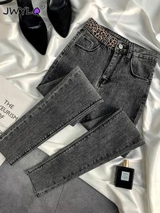 الكلاسيكية عالية الخصر النمر طباعة قلم رصاص النحيل سراويل الجينز الربيع الخريف النحيف Streetwear Women Anklelength Jeans 240227