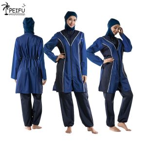 Badebekleidung PEFU Langarm Piping Lane Full Hijab Swimwear M3xlmuslim Hijab Islamic Badeanzug Voller Cover Schwimmhut