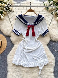 Klänning singreiny japan stil delad sexig nattdress damer bow hals heta mini klänning+thong ruffle ihålig ut cosplay erotiska nattkläder