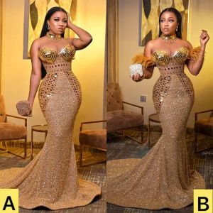 2024 Plus Size Arabic Aso Ebi Gold Luxurious Mermaid Prom Dresses Crystals Beaded Feather Evening Formal Party Second Reception Gowns Dress