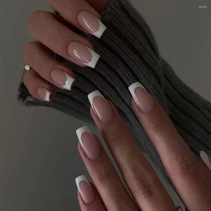 False Nails 24pcs 가짜 흰 달빛 광장 머리 프랑스 네일 보도에 모조 다이아몬드 방수 가짜 손톱에