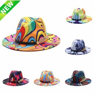 Ampla borda chapéus colorido impresso fedora chapéu primavera outono cor brilhante lã jazz homens mulheres feltro tie-dye lã-como panamá279z