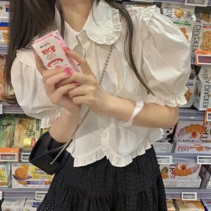 Camicia Deeptown Kawaii Camicette bianche da donna Sweet Lolita Girly Preppy Stile giapponese Camicie con maniche a sbuffo rosa JK Ruffle Top Fashion