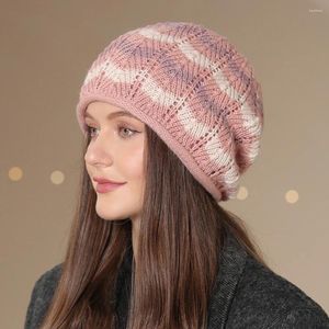 Berets HT4220 Mulheres Outono Inverno Beanies Lady Patchwork Malha Chapéu Feminino Oversized Baggy Beanie Fantasia Tamanho Grande Skullies