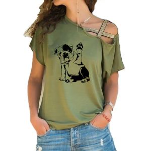 Tシャツ新しいイングリッシュブルドッグ犬ペットプリントティーTシャツ女性トップ半袖女性トップス衣類不規則なクロスバンデージTシャツ