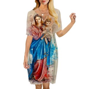 Klänning cloocl retro kvinnor klänning religiös figur jungfru mary Jesus tryckt vneck kort ärm knälängd klänning lös casual klänning