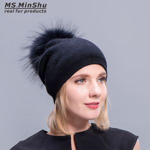 Cappelli di cashmere per donna Berretti con pompon Cappello di pelliccia Cappellini caldi femminili con vera pelliccia di procione Cappello con pompon per adulti299f