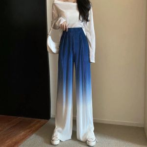 Capris Lucyever Fashion Gradient Color Color Wide Leg Pants夏の薄いストレートプリーツパンツルースハイウエスト液体ズボンxxxl