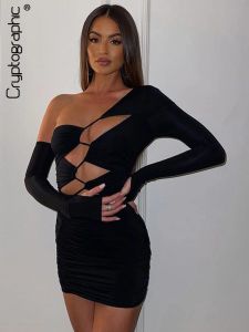 UBieraj się Kryptograficzny elegancki moda z długim rękawem wycięcie bandażu mini sukienki dla kobiet gorące seksowne sukienki klubowe ubrania bodycon