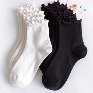 Damensocken mit Rüschen, weiß, schwarz, Rüschen, Lolita-Stil, japanisches Mädchen, niedlich, Kawaii, Baumwolle, Harajuku, Prinzessin, Crew, Calcetines