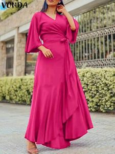 Casual Dresses Vonda 2024 Elegant Women Satin Dress Fashion Belted Ruffle Long Maxi Sundress Sexig V Neck Solid Color Party Robe Oversize