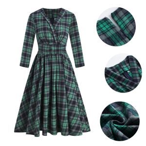 Vestido de inverno feminino casual vestido de balanço 3/4 manga longa retro vintage robes rockabilly verde pin up feminino escritório xadrez impresso vestidos