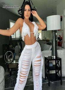 Women039s Two Piece Pants ANJAMANOR Knitted Cut Out Fringe Pants and Bikini Top 2 Piece Sets Womens Sexy Summer Beach Vacation 9082895