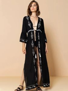 カバーアップブラック刺繍女性Kaftan着物様式の夏のビーチドレスプラスサイズのビーチウェアスーツカバーアップ衣装Q1152