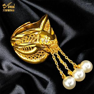 Bröllopsringar Aniid Dubai Fashion Design Pearl Pendant Finger For Bridal 24K Gold Color Tassel Ring Arab Party Anniversary Gifts