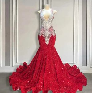 Sparkly vermelho lantejoulas sereia vestidos de baile para meninas negras sheer halter pescoço strass formal vestido de festa frisado vestidos de noite