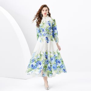 Elegant Long Floral Print Vacation Dresses Full Sleeve Women Designer Stand Collar Ladies Button Cardigan Maxi Dress Ladies Casual Party Clothes Frocks Spring 2024