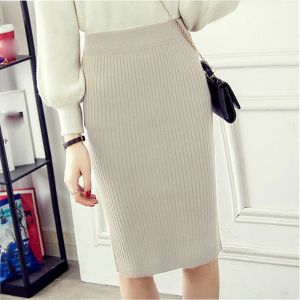 Skirt Vintage Women Skirt Elastic High Waist Pleated Midi knitted Onestep Pencil Skirt Sweater Autumn Female Solid Elegant Skirts