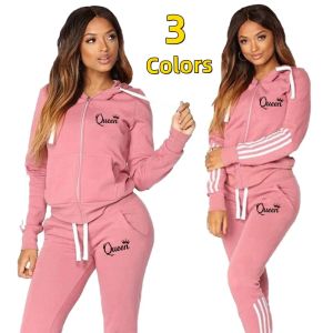 Sweatshirts Sıcak Kadın Moda Kraliçesi Baskı Trailsuit Çizgili Hoodies ve Jogger Pantolon Bayanlar Günlük Günlük Giysiler