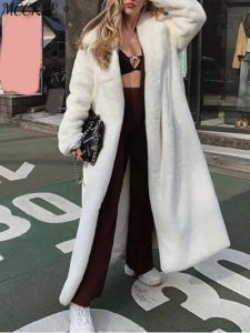 Fur 2022 Winter Long White Faux Peur Coat Women Women Fluffy Warm de lapela de tamanho grande Jaqueta de pelúcia solta Lady Korean Fashion Streetwear Casacos