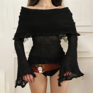 Pullovers Goth Dark Off Shoulder Knitted Women Frayed Sweaters Grunge Punk Turn Down Neck Black Tops Flare Sleeve Sheer Fashion Streetwear