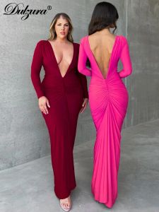 Abito Dulzura profondo scollo a V increspato solido maxi abito bodyshaping manica lunga elegante festa da sera sexy 2023 estate classico ballo di fine anno