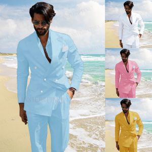 Takım Yeni Yaz Men Takım Sky Mavi Linen Plajı Çift Breasted Blazer Özel Slim Fit Damat En İyi Adam Düğün Smokin Ceket Pantolon Set