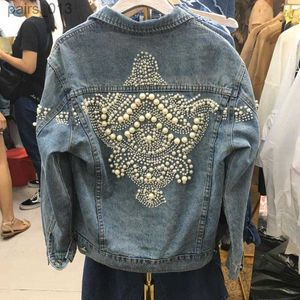 Kvinnorjackor Jackor Autumn Winter Pearls Pycklat denim för Jean Coat Bead Embroidery Outwear Femmawomens 240305