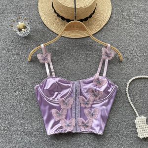 Camis Frauen Sommer Satin Schmetterling Camis Purple Knopf Feste Farbnutzung Top Female sexy Ärmel mit Gurten Korsett Y2K Tanktops