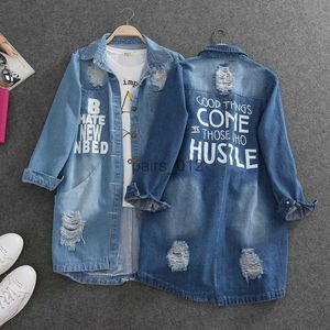 Women's Jackets New Big Size Holes Jeans Jackets Spring Autumn Denim Long Loose Coat For Clothing 240305