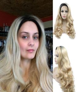 Synthetische Perücken Lace Front Perücke Cosplay Frontal Glueless Haar Lockiges Körperwelle Blonde Ombre Mit Dunkelschwarzen Wurzeln Für Frauen Lilita4540968