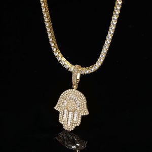 Hip Hop Hand of Fatima Hamsa Pendant Necklace Bling Top Quality Copper Shining Cubic Zircon för män Kvinnliga gåvor Platinumpläterade NE315D