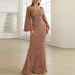 Dress Bodycon Sequin Shinny Evening Prom Dress Women Flare Sleeve Maxi Dress Elegant Mid Waist Long Party Gown Wedding Guest Dresses