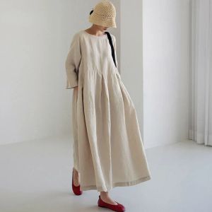 Klänning vintage lös bomullslinne klänning kvinnor sommar enkel elegant aline pullover klänning kvinnlig casual oneck solid maxi mantel