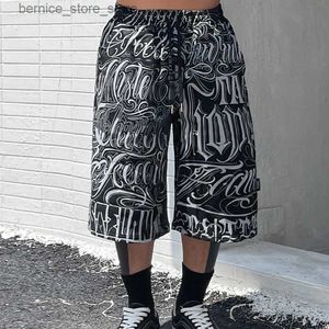 Men's Shorts Y2K full print graffiti bag casual summer knee shorts mens wide leg street clothing drawstring five point pants oversized Q240305