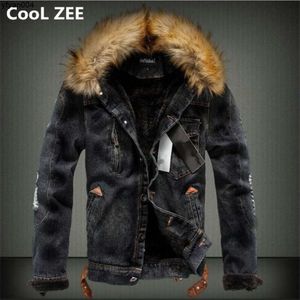 Mens Denim Jacket Collar Retro Fleece Jeans and Coat for Autumn Winter