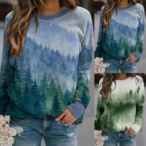 Pullovers 2022 جديد جولة طوق سترة خمر Pullover Landscape طباعة Tshirt الخريف أعلى الشتاء النساء الأنيقة طويلة الأكمام الطويلة