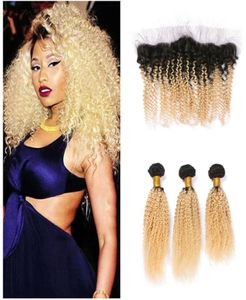 Two Tone 1B 613 Dark Root Ombre Virgin Human Hair Bundles Afro Kinky Curly With 134 Blonde Ear to Ear Lace Frontal Closure3613124