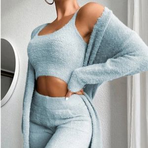 Garnitury 2021 Kobiety futra solidne strój 3PCS Zestaw miękkiego swetra kamizelki kamizelki kamizelki rozmyte spodnie legginsy swobodne seksowne pluszowe ubrania odzieży domowej odzieży domowej