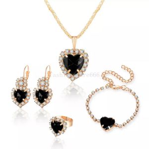Hot Bridal Jewelry Set Heart Shape Rhinestones Necklace Earring Ring Bracelet Set Factory Price 7 Colors Fashion Women Jewelry Sets Wholesale