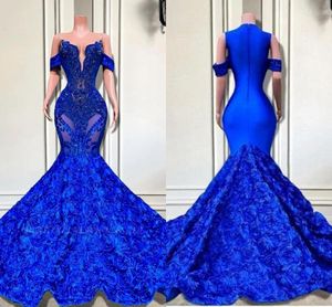 Cascading Rose Flowers Royal Blue Prom Dresses Sexy Mermaid Halter Neck Beads Sequins Appliques Long Evening Gowns Forma