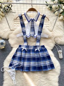 Dress SINGREINY Preppy Style Cosply Erotic Outfit Women Plaid Hollow Out Slim Sexy Nightdress Backless Pleated Hotsweet Porn Nightwear