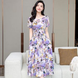 Kleid Sommer Kleid Frauen Vintage Kleidung 2023 Neue Druck Schlank Kurzarm Elegante Mittleren Alters frauen Kleider Casual Sommer sommerkleid